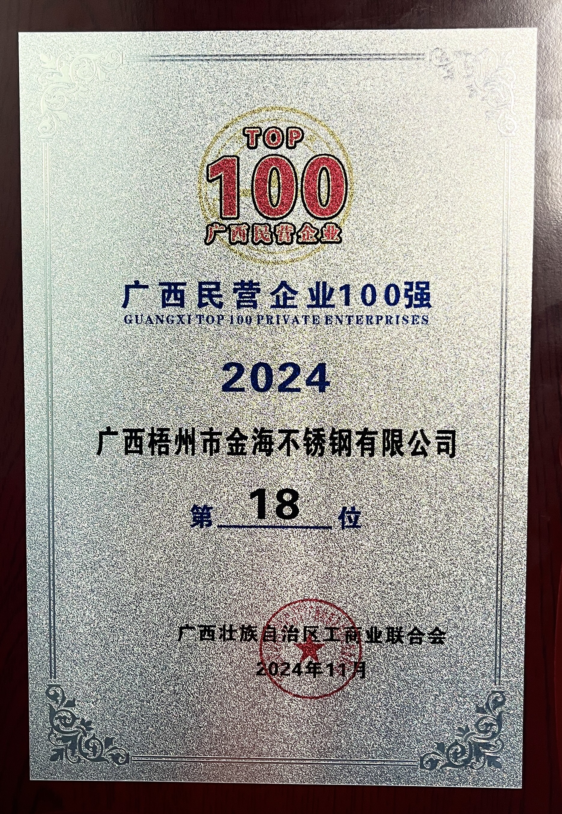 2024年广西民营企业100强第18位