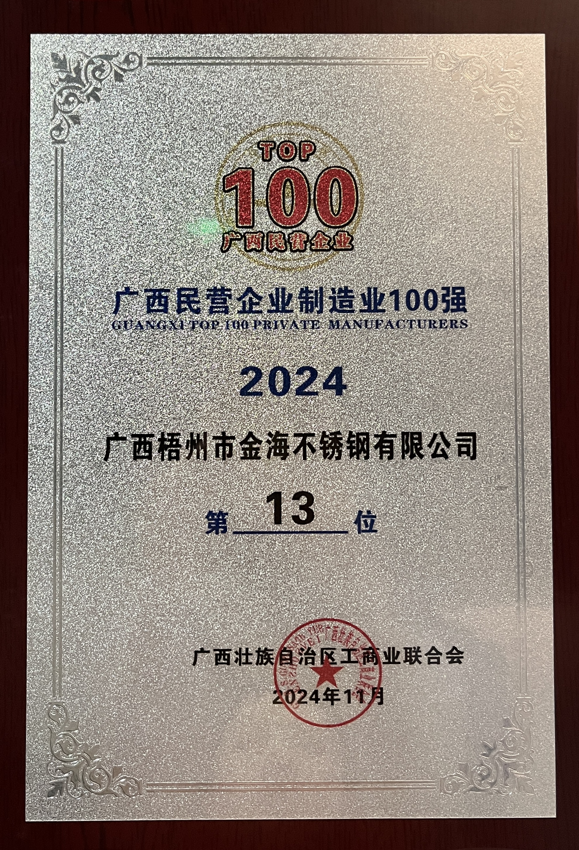 2024年广西民营企业制造业100强第13位